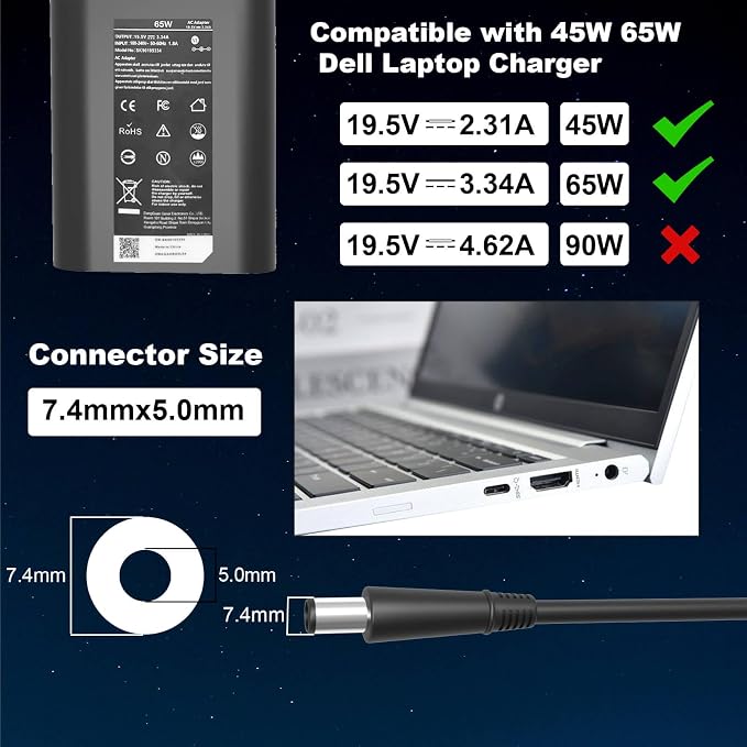 65W 45 Watt AC Adapter for Dell Laptop Charger 19.5V 3.34A 7.4mm | for Latitude 5400 5500 5480 5490 5580 5590 7400 7480 7490 7290 7280 E5400 E5420 E5450 E5470 E5570 E6430 Computer Power Cord - Image 2