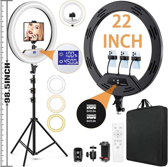 MACTREM Large 22" Ring Light for iPad iPhone with 75" Tripod Stand Barber | LCD Display,2 Usb Ports, Fits Ipad/Tablet 12.9", 2600k-6500k Color Temperature, for Barber/Tattoo Tiktok Video Recording Vlog by MACTREM