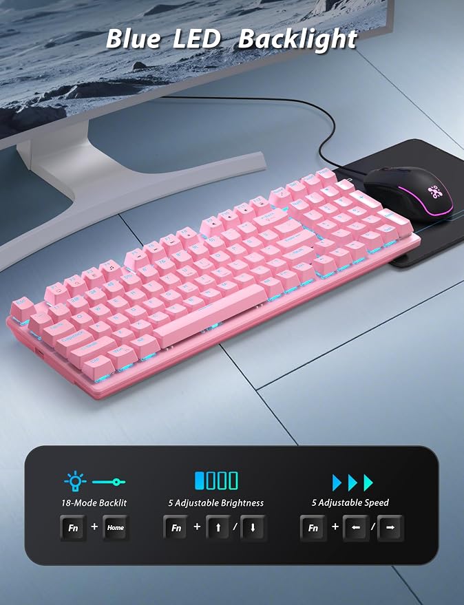 Mechanical Gaming Keyboard and Mouse, LED Backlit 98-Key Floating Keycap & 4 DPI RGB Gaming Mouse with Mouse Pad, Full Anti-Ghost Light Up Wired Computer Keyboards for MAC PC Gamer Accessories, Pink - Image 3
