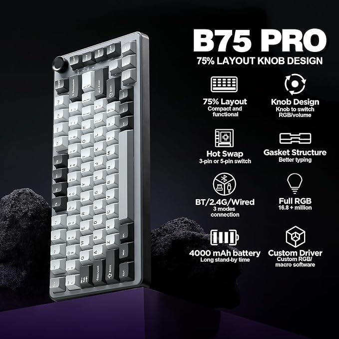YUNZII B75 PRO 75% Wireless Mechanical Keyboard (Dark Grey,Milk Switch) | Hot Swap Keyboard with Knob, Gasket Mount, Creamy Pre-lubed Switch for Smooth Typing, BT/USB-C/2.4G, for Gaming - Image 2