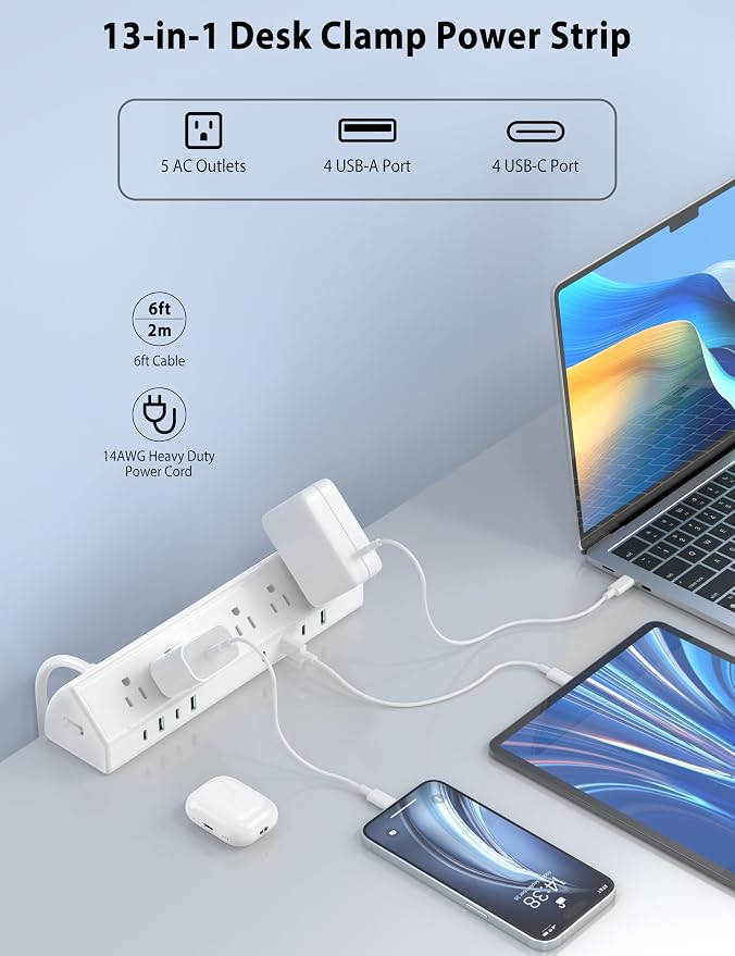 Jgstkcity Desk Clamp Power Strip USB C 45W,1200J Surge Protector | 4 USB-C,Edge Mount,1875W Extension Cord,15A Switch,ETL Listed,Office,Gaming,Dorm - Image 2