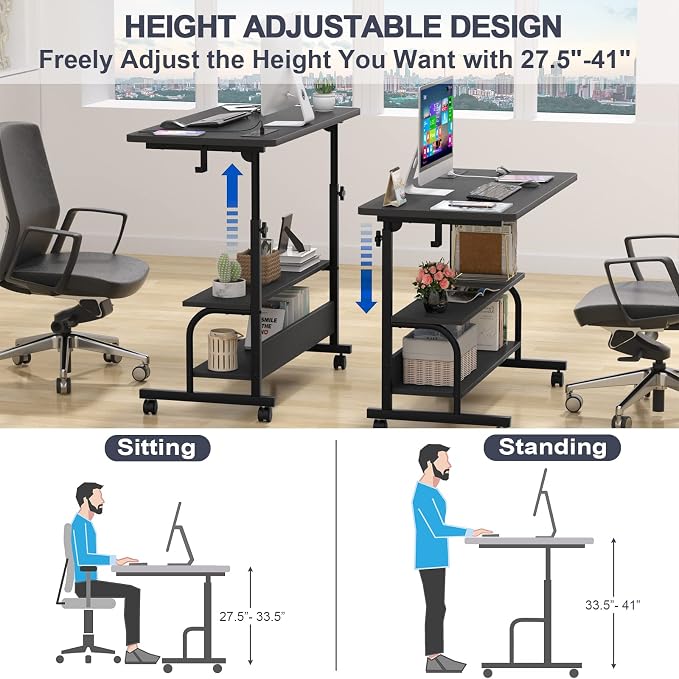32" Rolling Standing Desk with Charging Station for Couch Bed | Height Adjust 27.5-41", 2 AC/3 USB, Mobile 4 Lockable Wheels, 2-tier Shelves Hook, Safe Corner Fast Assembly - Image 6