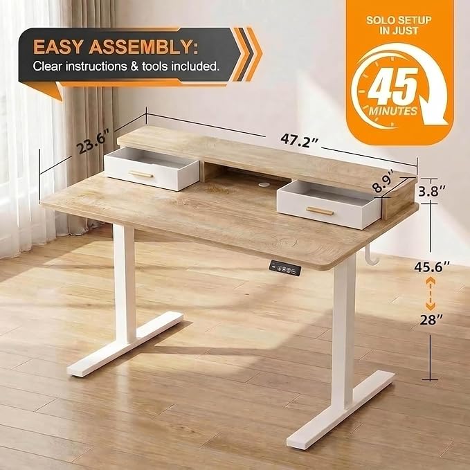 Grandder Electric Standing Desk with Two Drawers, Sit to Stand Up Height Adjustable Desk with Storage Shelf for Home Office, 47 * 24 Inch, Study, Ergonomic Adjustable Computer Desk, Oak - Image 2