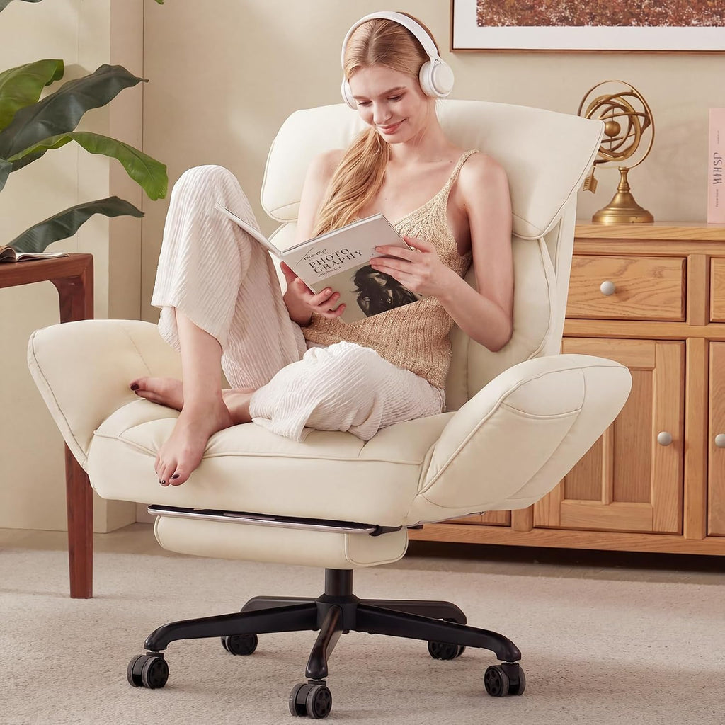 Dowinx Cross Legged Office Chair with Pivoting Armrests,Criss Cross Chair with Pocket Spring Seat & Back,Reclining Computer Gaming Chair with Footrest and Metal Base (Cream) by Dowinx