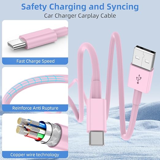 LDHTY CarPlay Charging Cable, USB A to USB C Cable, 2-Pack [3FT+6FT] Pink | For iPhone 17/Pro/Pro Max/17e/Air, Apple 16/15 Series, Type C Charger Cord for Car, iPad Pro/Air for Android - Image 2