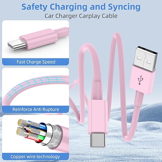 LDHTY CarPlay Charging Cable, USB A to USB C Cable, 2-Pack 3FT, Pink | For iPhone 17/Pro/Pro Max/17e/Air, Apple 16/15 Series, Type C Charger Cord for Car, iPad Pro/Air for Android - Image 2
