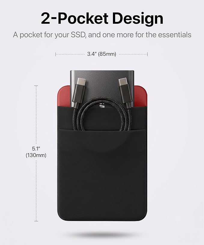 2-Pocket SSD & Hard Drive Holder for Laptop, Reusable 3M Adhesive | Stick-On Sleeve for Portable SSDs | 5.1 x 3.4-Inch Pouch | Separate Pocket for Cables | Built-In Safety Strap - Image 2