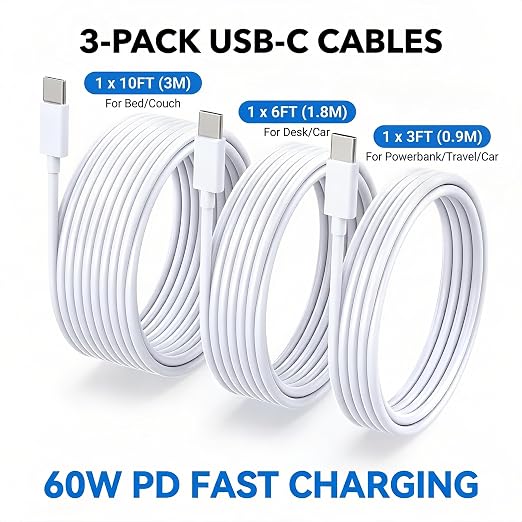 3-Pack USB-C to USB-C Fast Charging Cable for iPhone 17, 16,15 – White | Type-C Power Cord, (60W 3ft/6ft/10ft), Compatible with iPhone 17,16,15 Pro Max, iPad, & for Samsung Galaxy S26, S25, S24 - Image 6