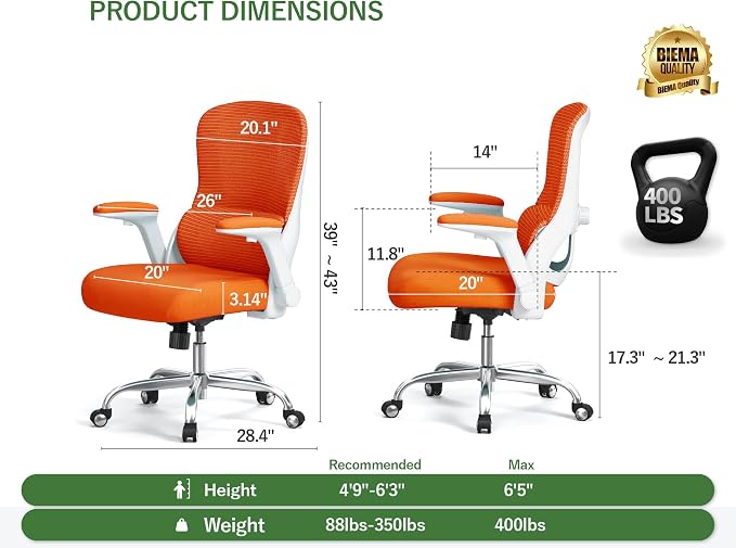 400LB Office Chair: Mesh Ergonomic Desk Chair Comfy with Lumbar Support | Computer Chair Ergonomic Gaming Chairs for Adults with Wheels&Flip up Armrests-Swivel Executive Task Chairs (Orange) - Image 2