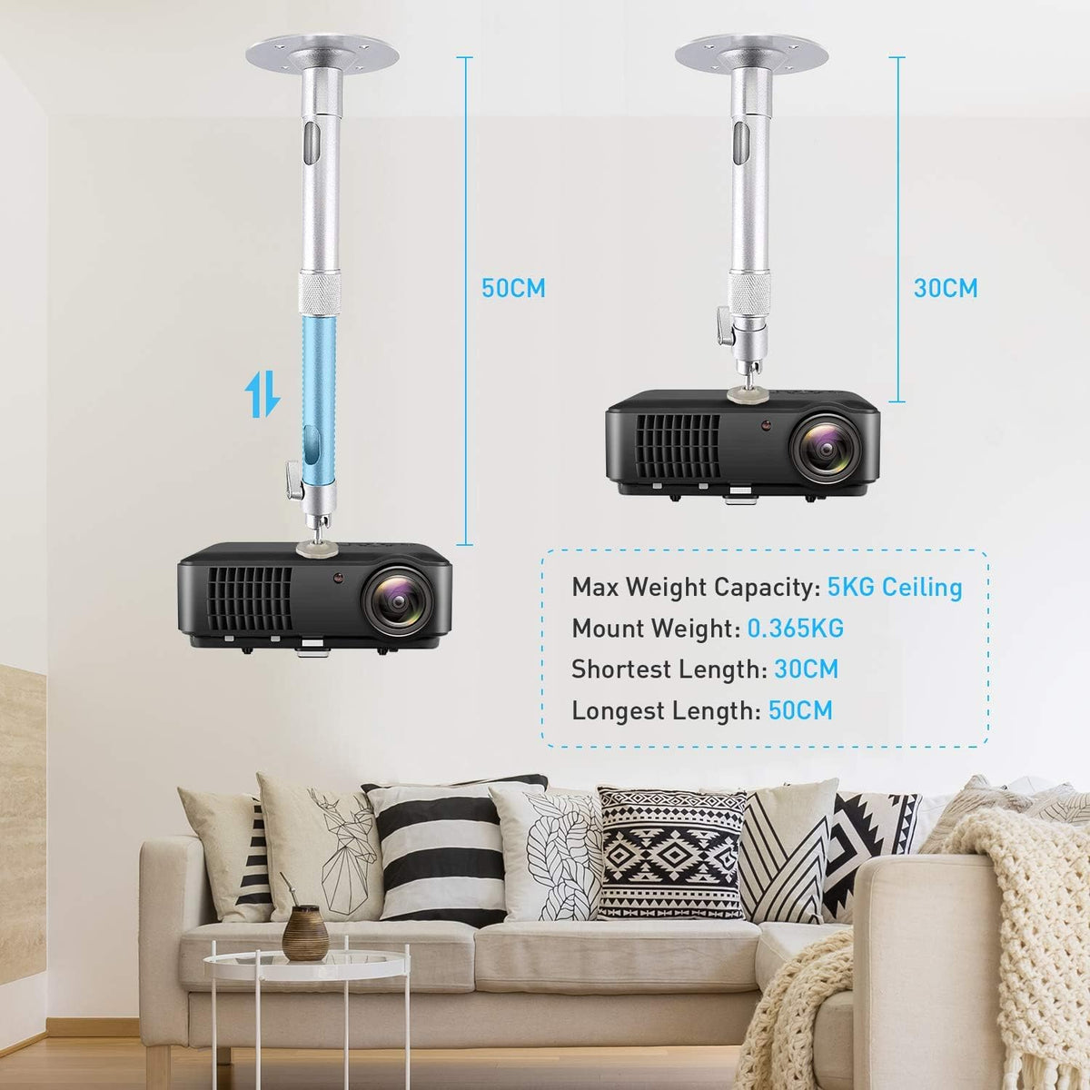 NIERBO Universal Projector Wall Ceiling Mount Hanger 360° Rotatable Head with Extendable Length 11.8 Inch to 19.7 Inch Mounting Bracket - Image 5