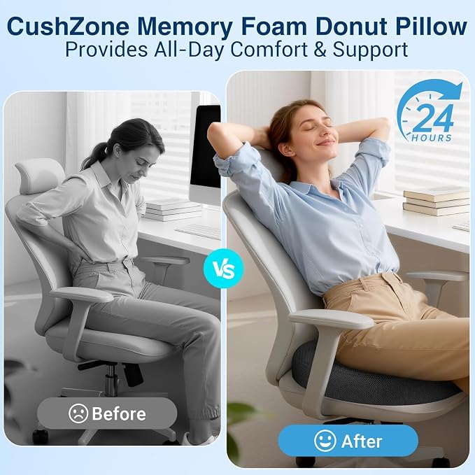 Donut Seat Cushion, Hemorrhoid Pillow, Office Chair Cushion, Gray, XX-Large | Ergonomic Design, Breathable Cover, for Tailbone Pain, Hemorrhoids & Long Sitting Hours, for Home & Office, - Image 3