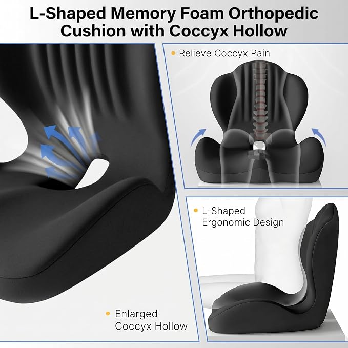 Ergonomic Seat Cushion with Lumbar Support (Black) | Office Chair Seat Cushion, Memory Foam Orthopedic Cushion with Tailbone Hollow, Sciatica & Back Pain Relief for Long Sitting - Image 4