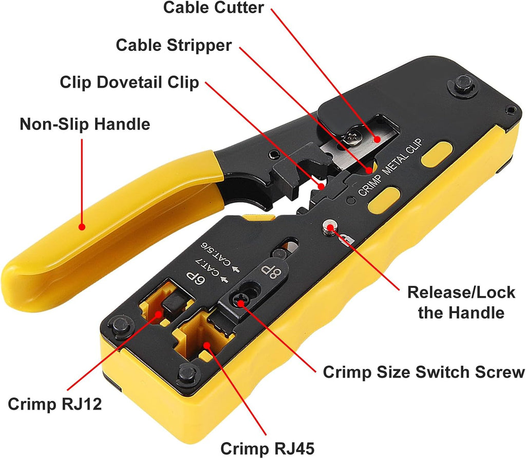 RJ45 Crimp Tool Kit with Network Cable Tester All-in-One Pass Through Ethernet Crimper Stripper Cutter for Cat7/Cat6/Cat5 Telephone Connectors Network Enthernet with Cat6 RJ45 Connectors Boots - Image 3