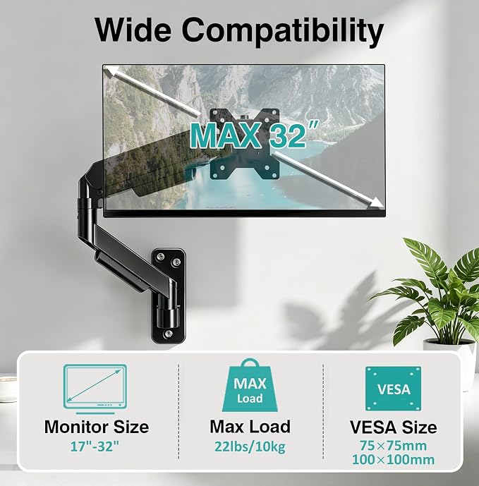 Single Monitor Wall Mount for 17 to 32 inch Flat/Curved Computer Screens,Full Motion Adjustable Mechanical Spring Monitor Wall Arm Holds Up to 22lbs,VESA Wall Mount 75x75/100x100, Black - Image 2