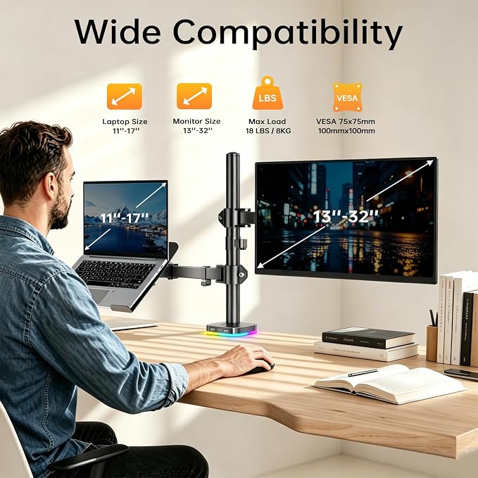 Afaloona RGB Monitor & Laptop Stand with USB Hub, Charging & Data Transfer | Fits 13-32" monitors and 11-17" laptops with a removable tray that converts to a dual monitor mount, up to 18 lb per arm - Image 5