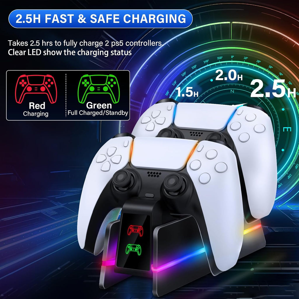PS5-Controller-Charger-Station - Charging Station for PlayStation 5 Dualsense/Edge Controller with 9 Color Led Light, Fast Charging Dock & Holder Stand for PS5/Slim/Pro Remote - Whole Black - Image 3