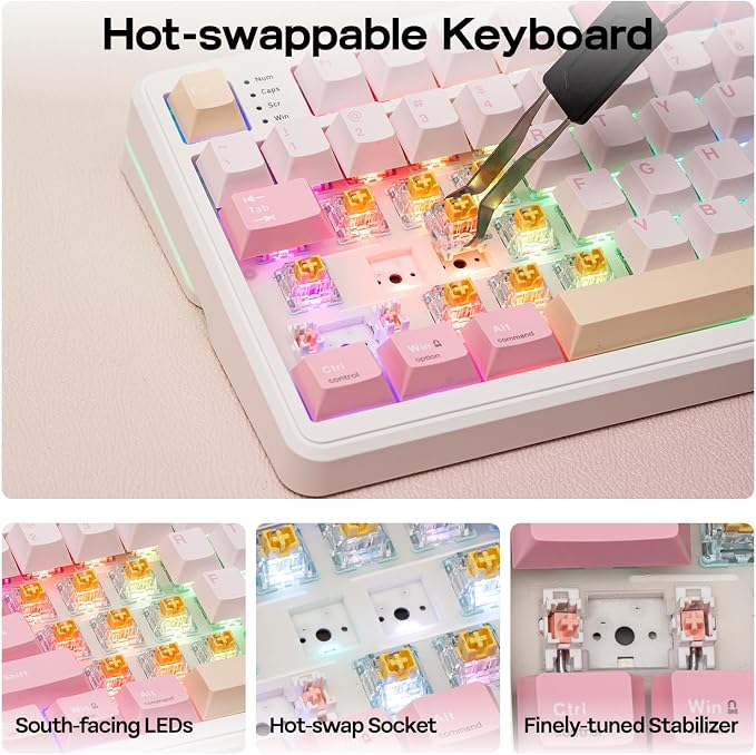 EPOMAKER TH99 PRO 96% Mechanical Keyboard with Screen & Knob, 10000mAh | 2.4Ghz/BT, Hot Swap, Custom Driver, RGB Backlit, PBT Keycap, Wireless Gaming Keyboard for PC/Mac (Pink, Sea Salt Silent) - Image 8