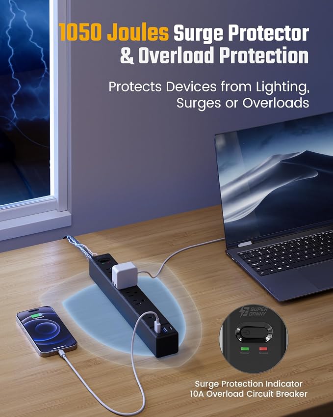 15Ft Long Extension Cord, SUPERDANNY Flat Plug Surge Protector Power Strip | 6 Outlets & 3 USB, Flat Plug Power Strip Wall Mountable, Desk Charging Station for Home, Office, College Dorm Room Essentials - Image 6