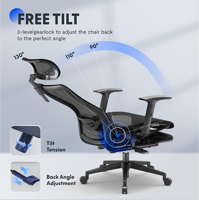 FLEXISPOT OC3 Air-F Ergonomic Office Chair with Footrest, Mesh Back Computer Chair, Home Office Desk Chairs, with Adjustable Lumbar Support/2D Headrest/Reliable Base, Black - Image 5
