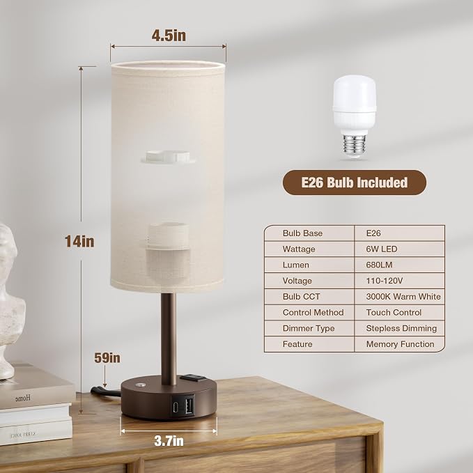 Brown Touch Bedside Lamp for Bedroom, Stepless Dimmable, USB A+C, AC Outlet | Base Touch Button Only, Memory Brightness, Ultra-dim Night Light, Included Bulb for Optimal Dimming, Beige Fabric Shade, Desk - Image 6