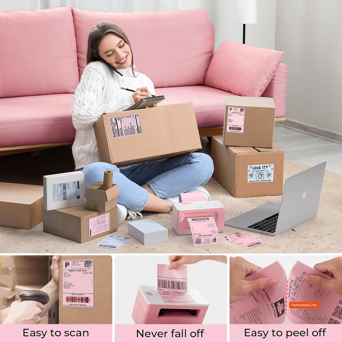 MUNBYN 4x6 Inch Pink Thermal Printer Labels for Packages, 500 Sheets/Stack - Image 3