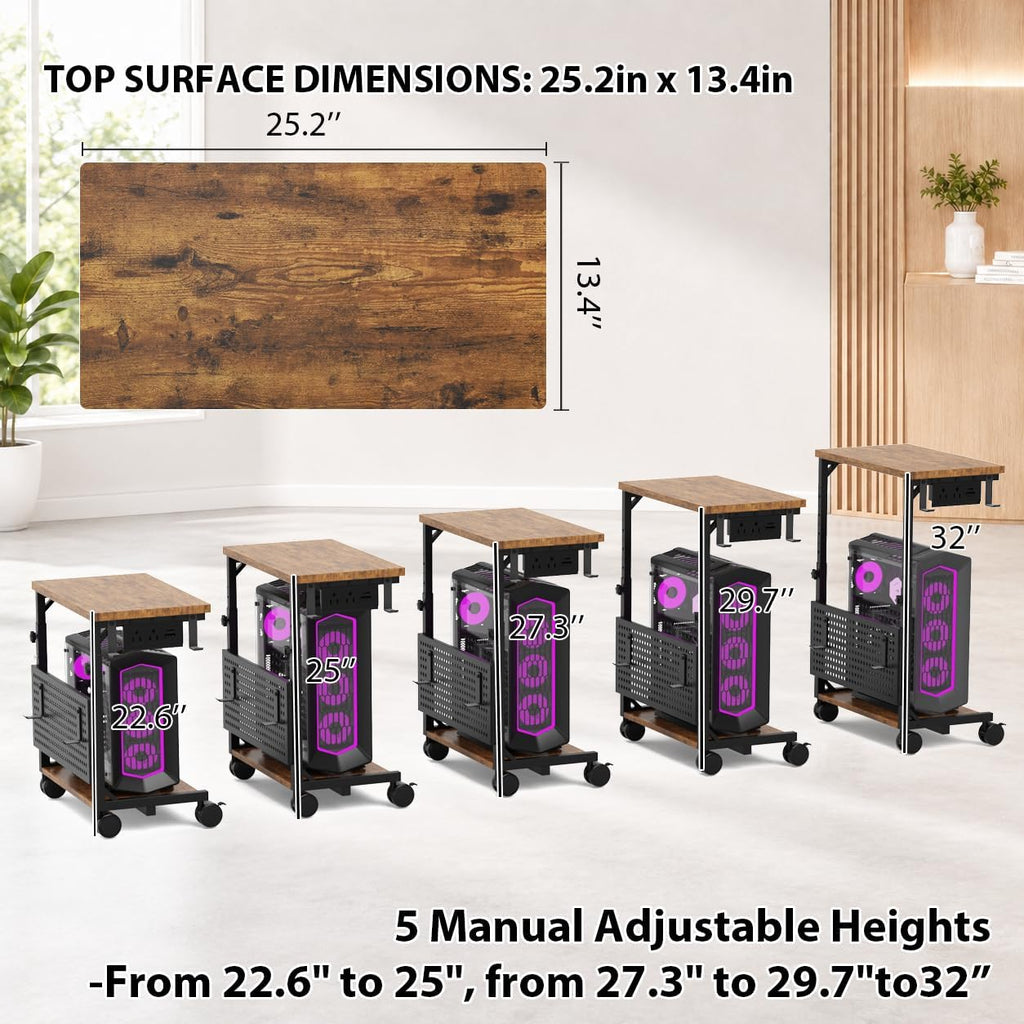 Adjustable Computer Tower Stand with Charging Station & Pegboard,Brown - Image 4