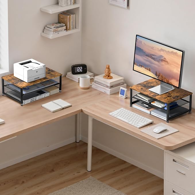 ECOLOVI 2-Tier Computer Monitor Stand Riser, Printer & Laptop Stand, Office Desk Accessories, Workspace Desk Organizer for Home Office Supplies, Brown - Image 5