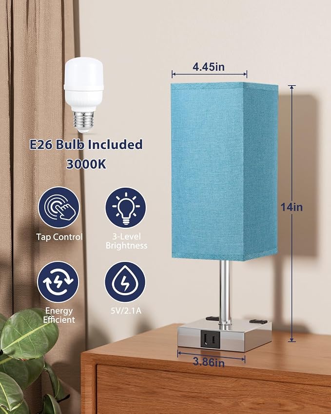 Turquoise Touch Table Lamp for Bedroom - Dimmable, USB C+A, 2 AC Outlets | 3-Way Dimming, 3000K Bulb Included, Square Teal Lampshade and Silver Base, Desk Lamp for Nightstand, Living Room, Green - Image 5