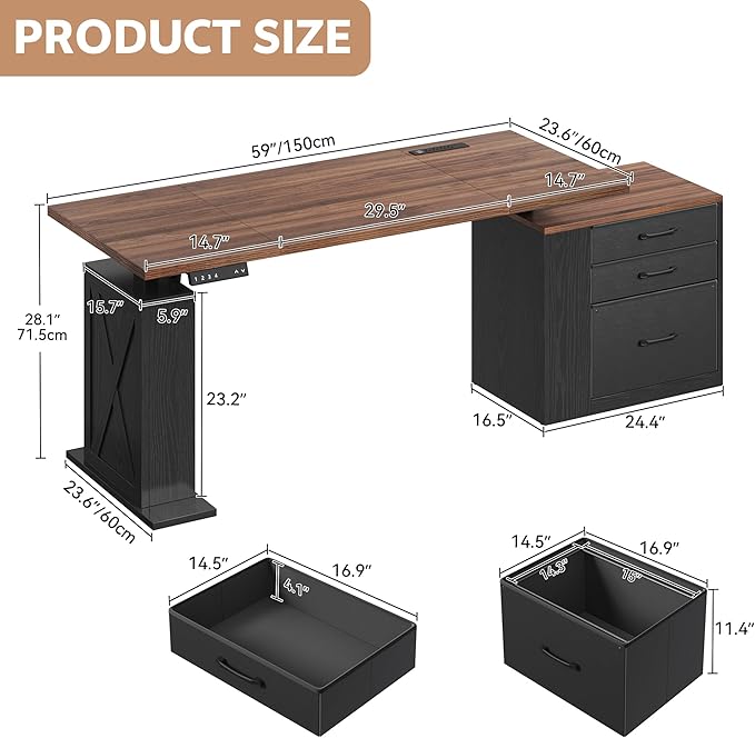 75.5'' Electric Standing Desk with Drawers Corner Desk Black | Farmhouse Adjustable Sit Stand Office Desk with 4 AC Outlets & Type C Port, Executive Computer Desk - Image 2
