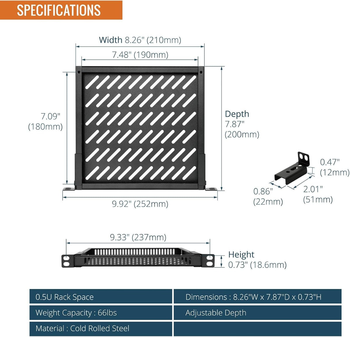 Tecmojo 0.5U Rack Shelf for 10" Server Rack & Cabinet, Adjustable 7.87-10.24" Depth, Vented Metal Tray, Heavy Duty Support up to 66 lbs, Enhanced Ventilation, Black - Image 3