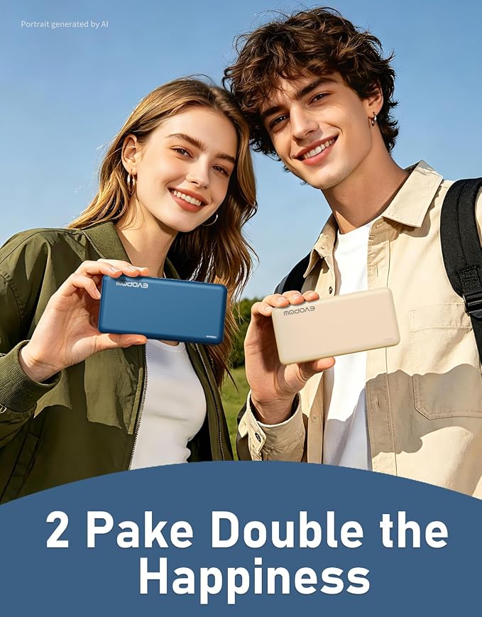 2Pack Portable Charger, 10000mAh Power Bank, Battery Pack, External Battery | Slimmer, Fast Charging, USB C in&Out, for iPhone Tablet Samsung Pixel Headphones etc (Blue&Beige) - Image 3