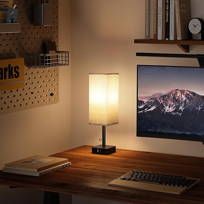Set of 2 Grey Bedside Table Lamps for Bedroom - Nightstand Lamp, USB C+A | Pull Chain Lamp, 3 Color Modes(3000K/4000K/5000K), E26 LED Bulb Included, Square Grey Fabric Lampshade, for Read, Work, Dorm - Image 2