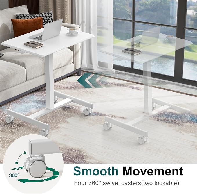 DUMOS Small Standing Desk with Wheels, Laptop Desk, 19 Inch | Portable Rolling Design, Adjustable Height Workstation, Home Office Mobile Station, White - Image 7