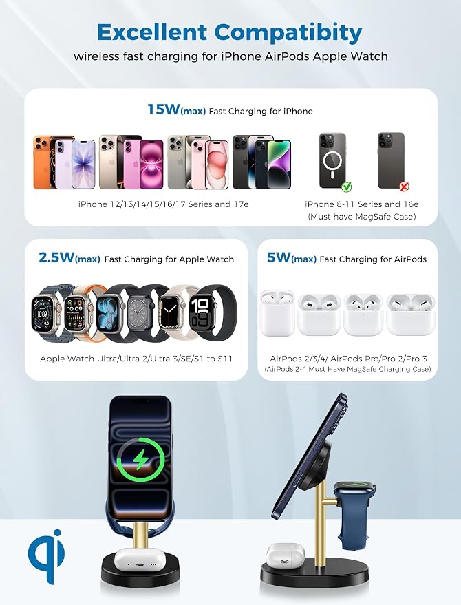 2026 3 in 1 Wireless Charging Station for Apple MagSafe Charger, 15W Fast Magnetic Mag-Safe Charger Stand for iPhone 17 16 15 14 13 12 Apple Watch AirPods Series GoldBlack - Image 9