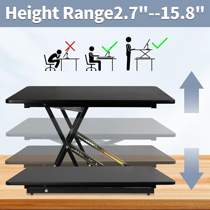 32in Desk Riser for Standing or Sitting, Large Standing Desk Converter, Height Adjustable Sit Stand Desk Converter, Fully Assembled Monitor Laptop Riser Workstation for Home Office, Black - Image 7
