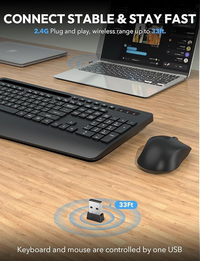 Wireless Keyboard and Mouse Combo, 2 Pack, Ergonomic Wrist Rest | 2.4G Lag-Free, Phoe Holder, 3 Level DPI, Silent Typing, Batteries Powered, KM23D Full Size Set for Computer, Laptop, Windows - Image 4
