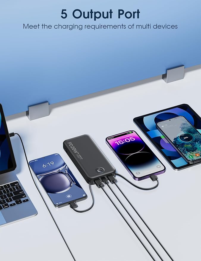 Nusyddy Portable Charger 10000mAh Fast Charging w/Built-in Wall Plug Black | PD20W Fast Charging, LED Indicator, Pass Through Charging, TSA Approved, Compact/Slim, Power Bank for iPhone/iPad/Samsung - Image 6