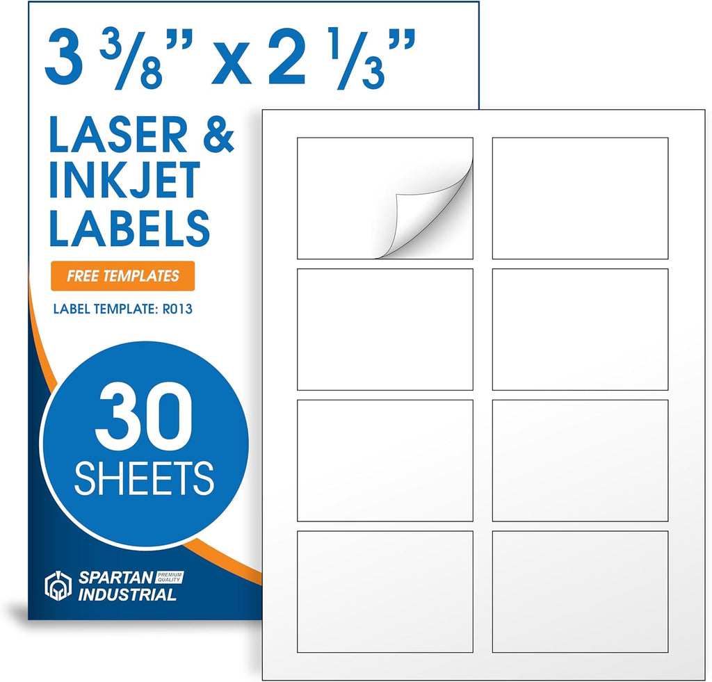 2 1/3" X 3 3/8" Matte White Printable Labels (30 Sheets, 240 Stickers) by Spartan Industrial