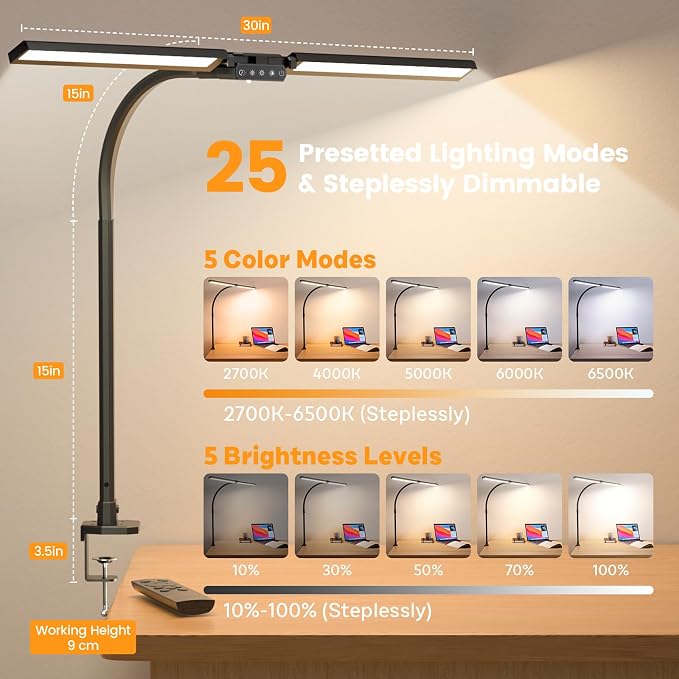 Upgraded Desk Lamp for Home Office - Dimmable Computer Desk Light with Remote, Modern Architect Task Lamp with Color Changing, Flexible Desktop Lamp with Gooseneck for Monitor, Double Head - Image 3