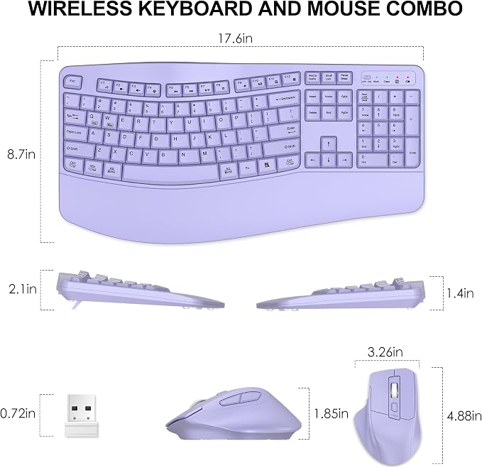 Wireless Keyboard and Mouse Combo, 2.4G Ergonomic Wave Keys(Purple) | Full Size Wave Keyboard with Wrist Rest, 3-Level DPI Adjustable Ergonomic Mouse for Windows and Mac OS Desktop/Laptop/PC - Image 8
