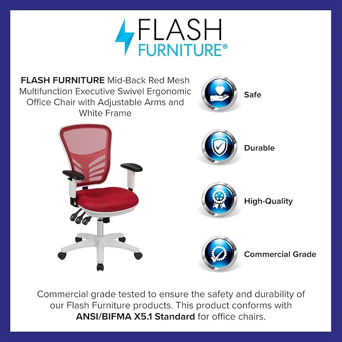 Flash Furniture Mid-Back Mesh Executive Office Chair, White/Red | Adjustable Armrests, 360° Swivel, Height Adjustable, Commercial Grade - Image 4
