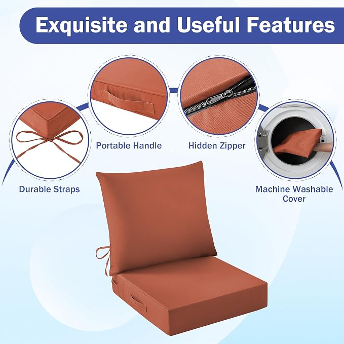 IASEAHK Outdoor Seat Cushion Set, Waterproof & Fade Resistant Patio Chair Cushions, Outdoors Cushion for Patio Furniture, 24 x 24 x 5.75 Inch, Outdoor Couch Cushions with Handle and Ties, Spice - Image 5