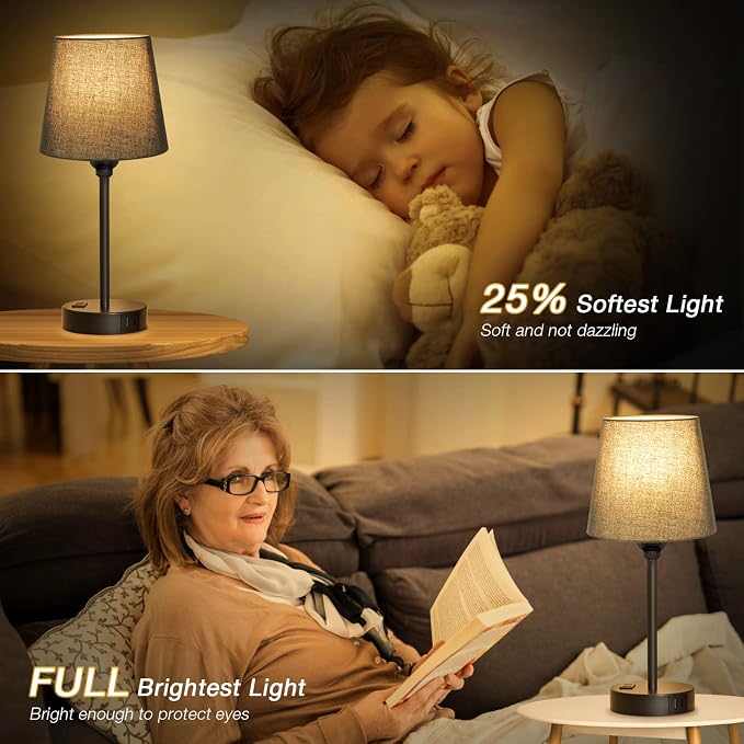 Black Bedside Lamps Set 2 for Bedroom - Dimmable Touch, USB C+A, AC Outlet | 14.5" Mini Lamp, 3-Way Dimmable, LED Bulbs Included, Black Barrel Fabric Lampshade, Nightstand Light for Guest Room, Kids - Image 5