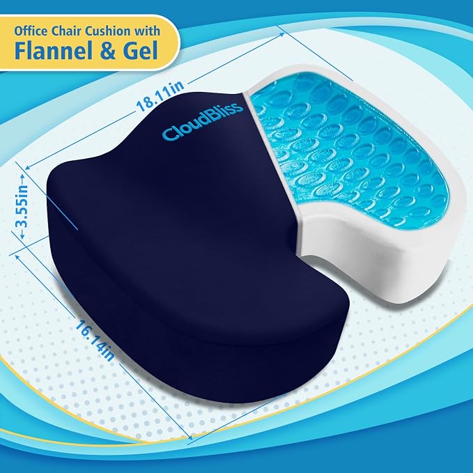 CloudBliss Gel Memory Foam Seat Cushion for Long Sitting, X-Large, Blue | Gel Chair Pad for Tailbone, Coccyx, Sciatica , Soft Suede Cover, Non-Slip , Washable Mesh, for office, home, car - Image 2
