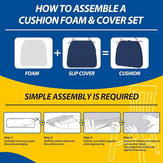 AAAAAcessories D-Shaped Chair Cushions, 2" Thick Dining Chair Pads with Ties and Removable, Machine-Washable Cover, 17" x 16", Set of 6, Blue - Image 8