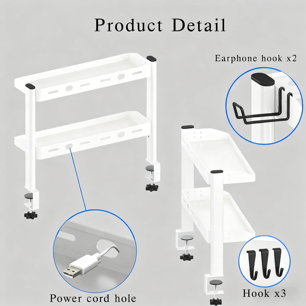 Clamp on Desk Shelf White, 2-Tier Office Desk Shelves Organizer, 17in Small Shelf for Top of Desk with Headphone Holder, Hooks, Desktop Storage Rack for Home Workspace, Study Rooms, Gaming Accessories - Image 4