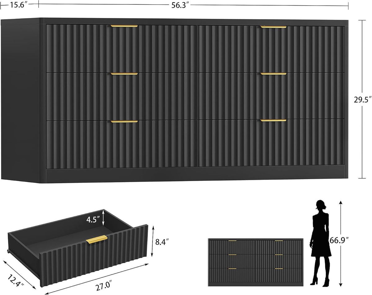 TEENFON 56.3'' Dresser for Bedroom with 6 Drawers, Dressers & Chest of Drawers with Curved Profile Design, 6 Drawer Dresser, Fluted Dressers, Wood Dressers for Bedroom, Living Room, Black - Image 2