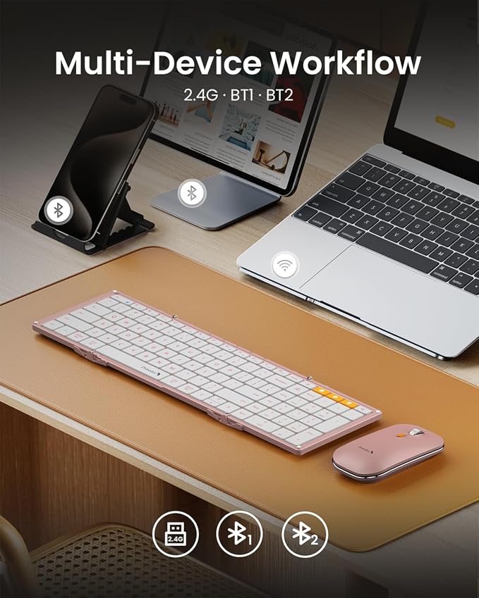 ProtoArc XKM01 Full-Size Foldable Keyboard Mouse Combo for Travel - Pink | 105-key keyboard, slim mouse, hard case and phone stand; 3-device Bluetooth & 2.4G switching, for travel office use - Image 4