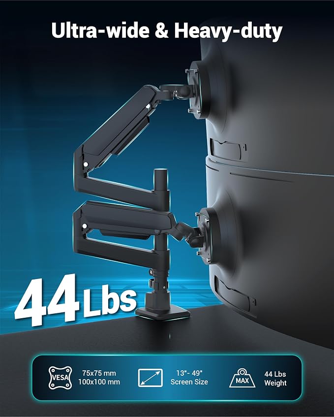 Ergounion Dual Monitor Arm for 13-49 Inch Ultrawide Screens, Heavy Duty Monitor Mount for 2 Monitors up to 44lbs, Full Motion Vertical Stacked Dual Monitor Arm Desk Mount, 75/100mm VESA Mount, Black - Image 2