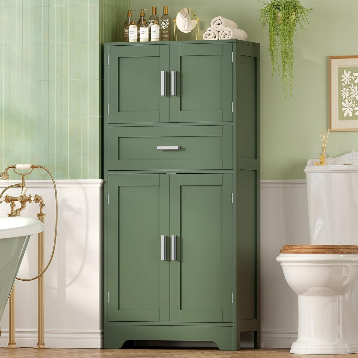 Bathroom Floor Storage Cabinet with Adjustable Shelf, Freestanding Storage Cabinet with 4 Doors, Cupboard for Living Room, Home Office, Entryway, Forest Green - Image 4
